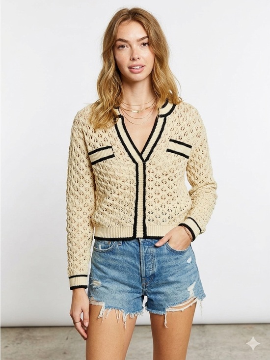 Heartloom Sweaters - Heartloom Sybil Sweater Crochet Knit V Neck Ivory Size Small Preppy Cottagecore